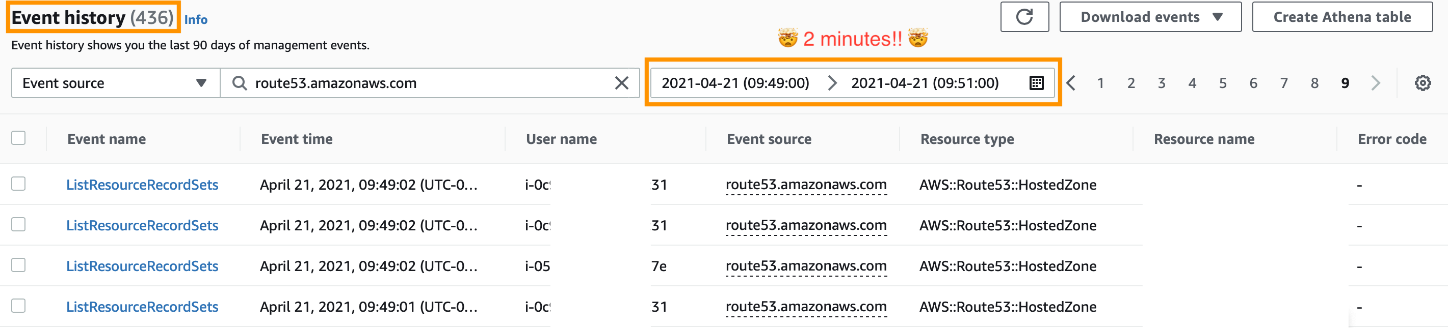 CloudTrail console showing Route 53 calls from an EC2 instance
